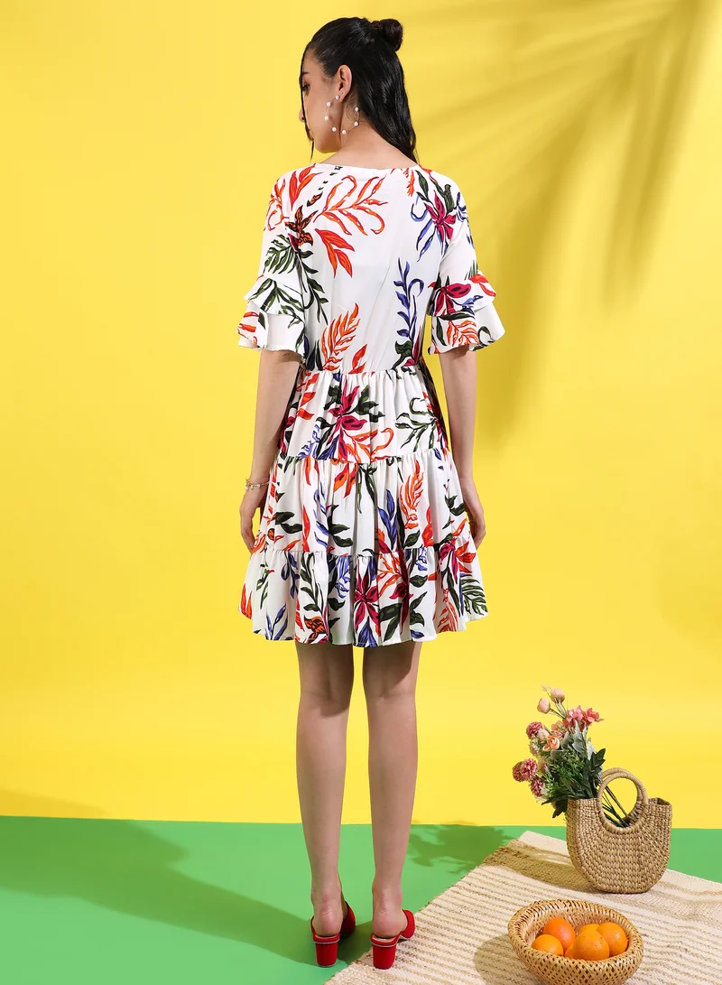 Pinacolada  Women's Printed Multicolour Short Sleeve Mini Length Regular Fit Dress For Casual Wear | Crewneck Dress Crafted With Comfort Fit And High Performance For Everyday Wear for Women | Best Price UAE